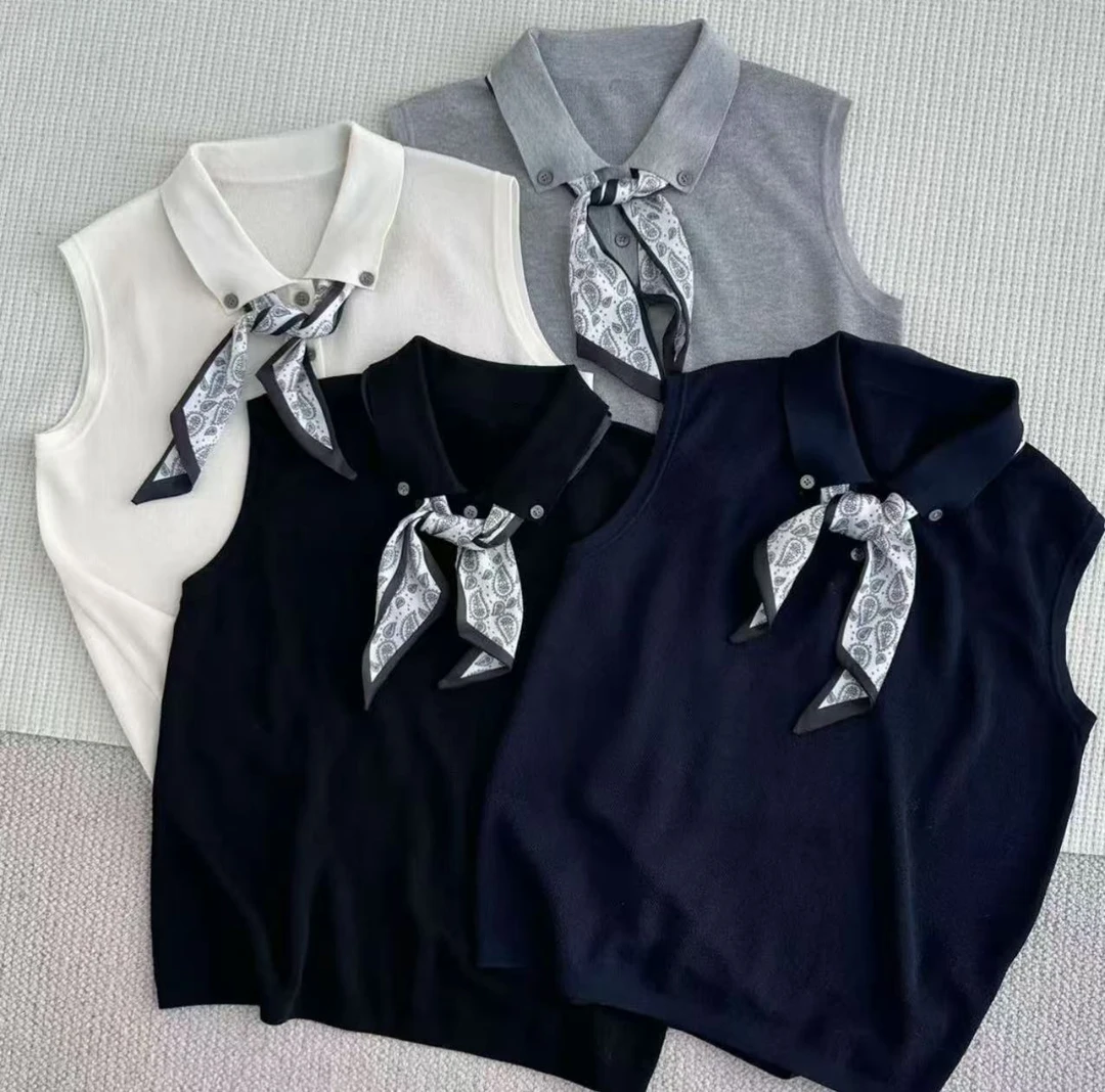 【现货】天爽亚麻设计感领带丝巾翻领T恤女夏季新款时尚百搭上衣女