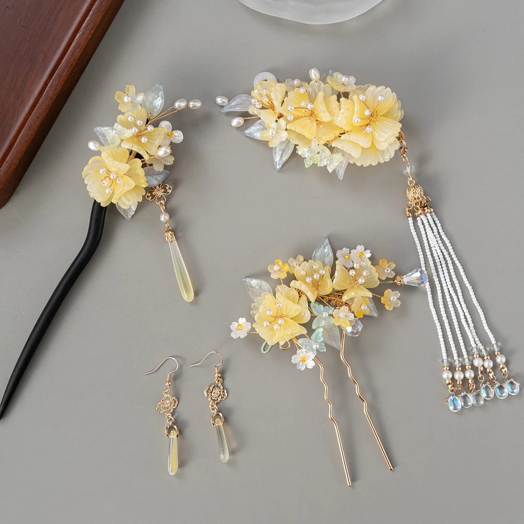 春亦轩中式超仙汉服发饰秋海棠套装边夹发钗国风檀木簪全套配饰