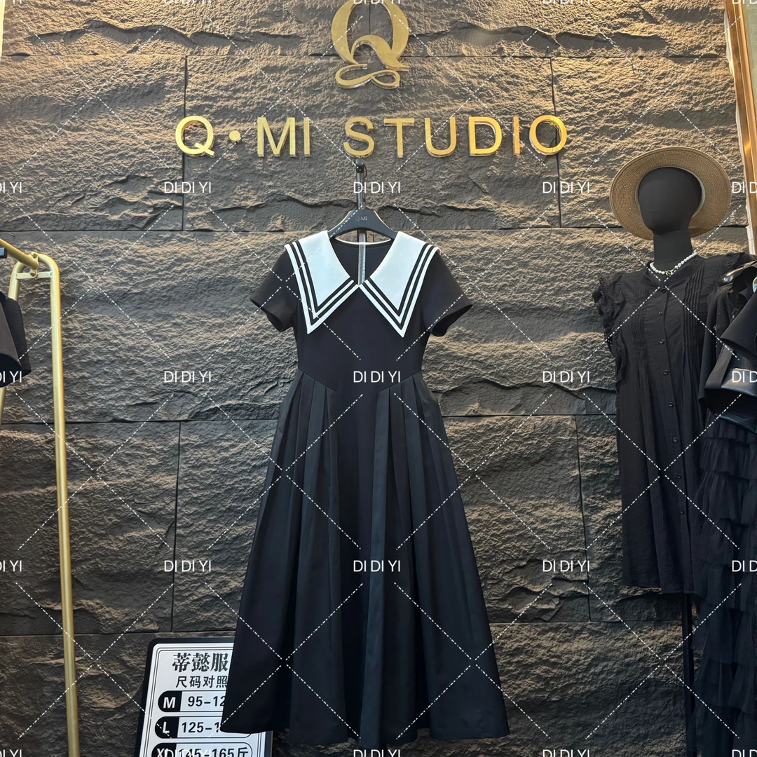 2025原创大码高定设计款黑白撞色海军领连衣裙25087