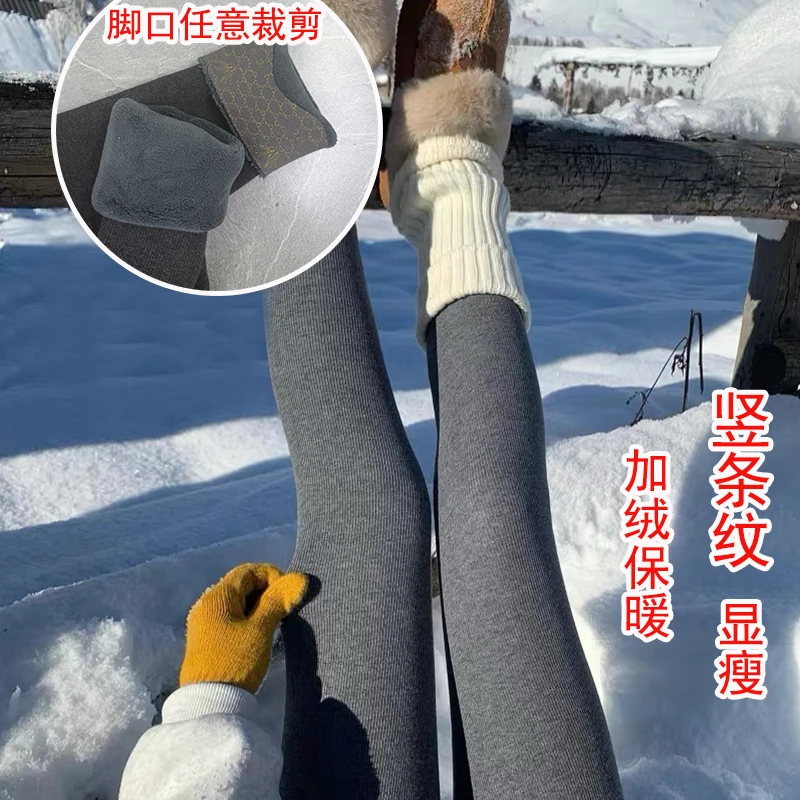 冬季新款女式竖条纹棉打底裤外穿加绒裤7910款