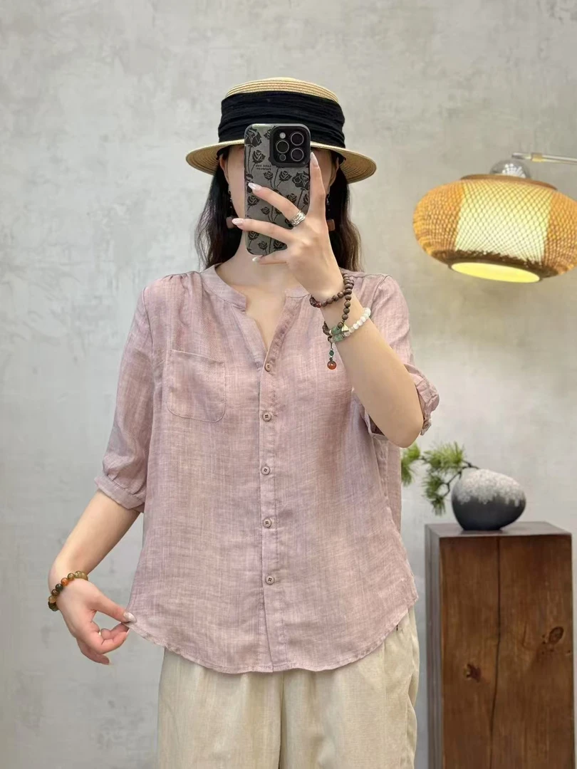 【苎麻系】纯色100苎麻小V领衬衫夏季新款时尚文艺休闲简约女士