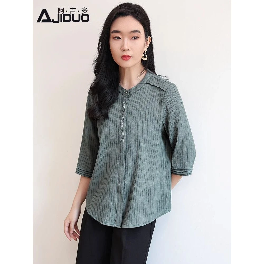 A20973气质高级感七分袖女士衬衫春秋装新款大码休闲刺绣衬衣