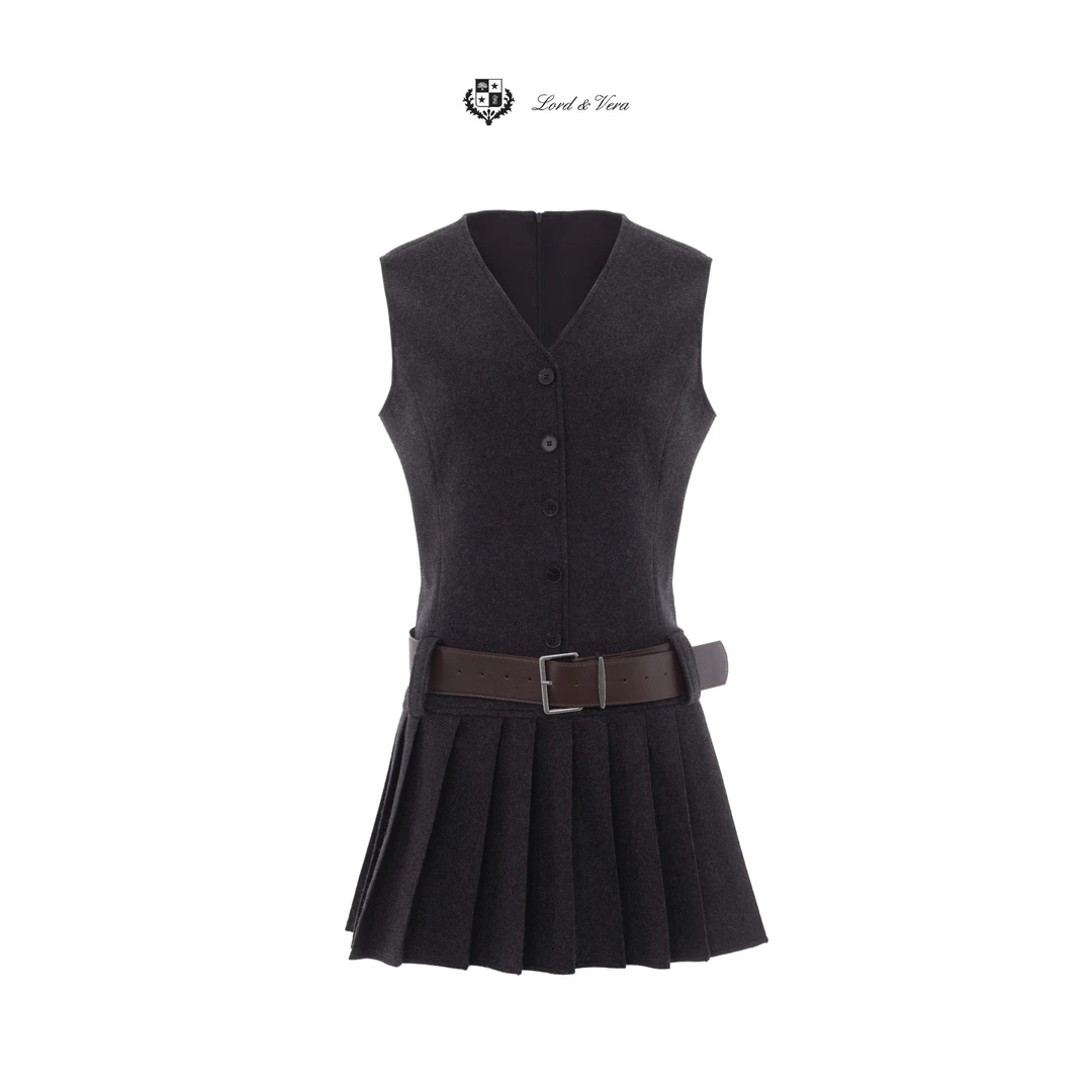 ROLIN【LORD&VERA精选】轻奢学院风设计款腰带羊毛压褶无袖背心裙