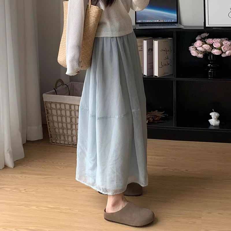 网纱拼接半身裙女夏季薄款2025新款高腰遮胯显瘦长裙a字蓬蓬裙子