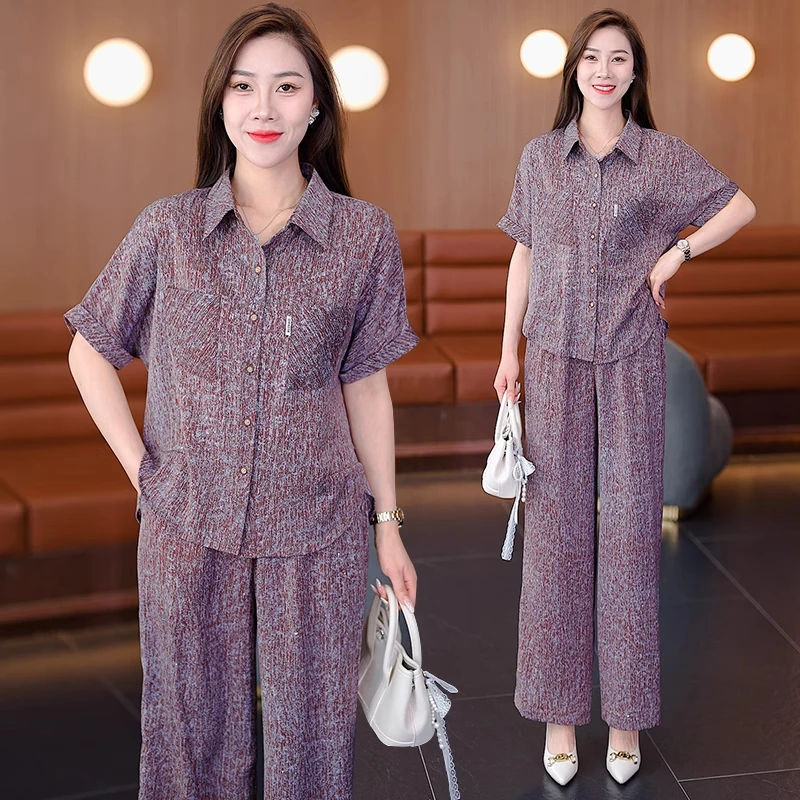 宽松休闲套装女2025夏季新款洋气质减龄时尚短袖衬衫阔腿裤两件套