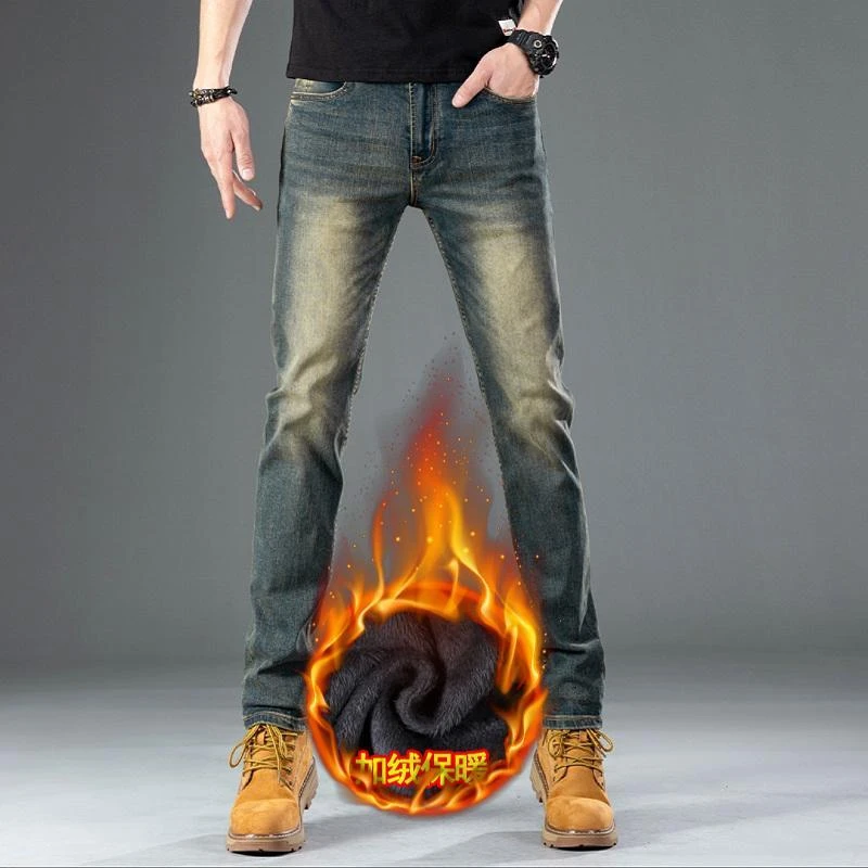 冬季加绒加厚复古弹力牛仔裤男款直筒裤潮流百搭美式休闲牛仔长裤
