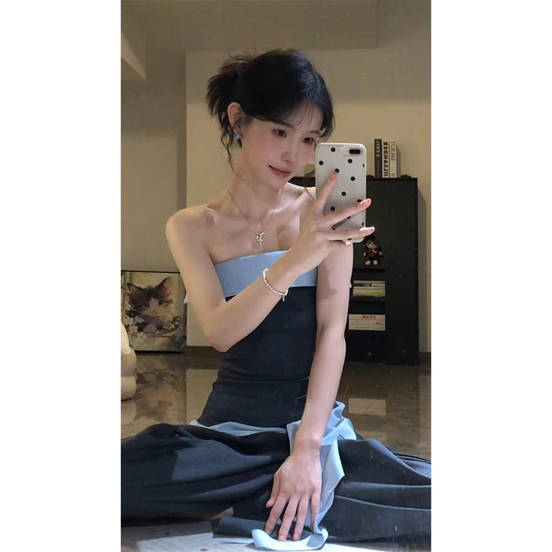 parkyeon早秋新款设计感撞色内搭抹胸上衣高腰阔腿西装休闲裤套装