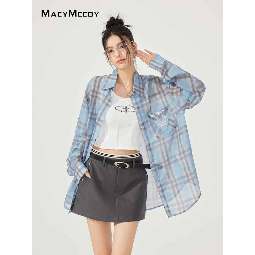 MacyMccoy爱心格子防晒衬衫女夏季BI备小清新设计感轻薄透气衬衣