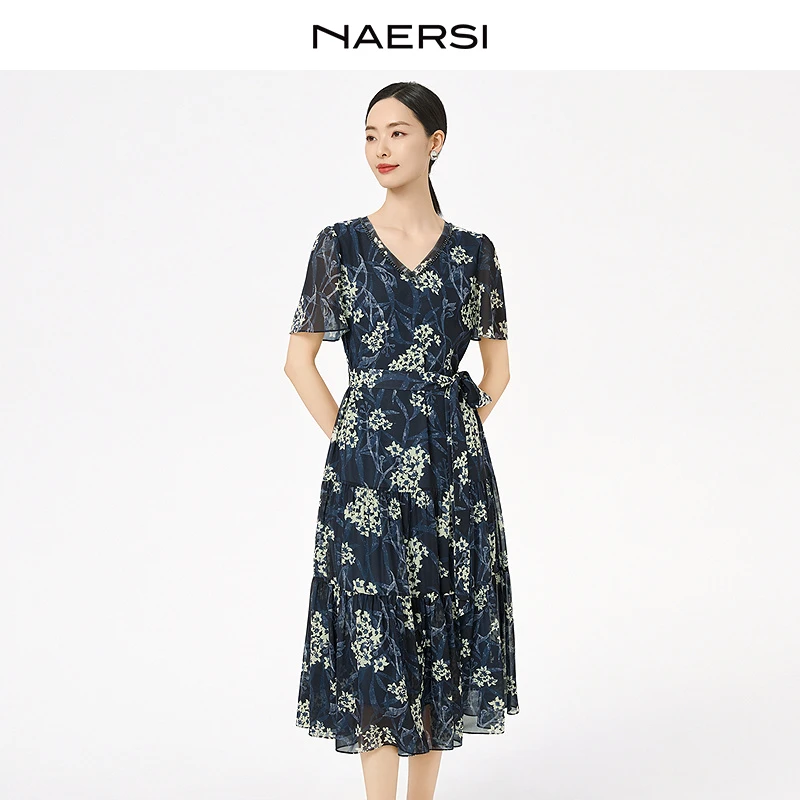 【商场同款】娜尔思碎花气质复古夏季时尚蓝色连衣裙NF10112Q8