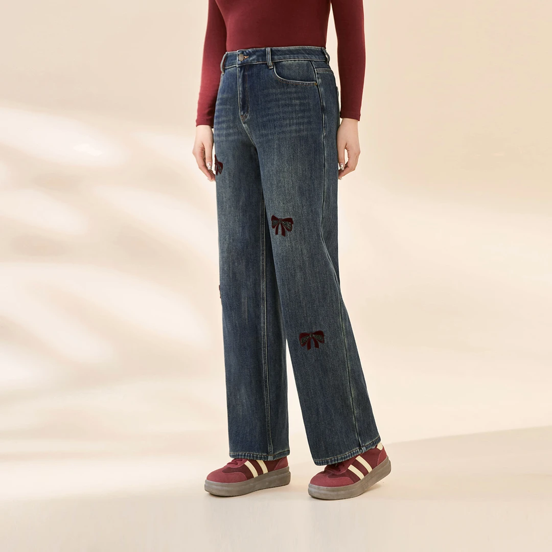 【水晶绒】MsShe大码女装春装撞色蝴蝶结阔腿牛仔裤C2411019