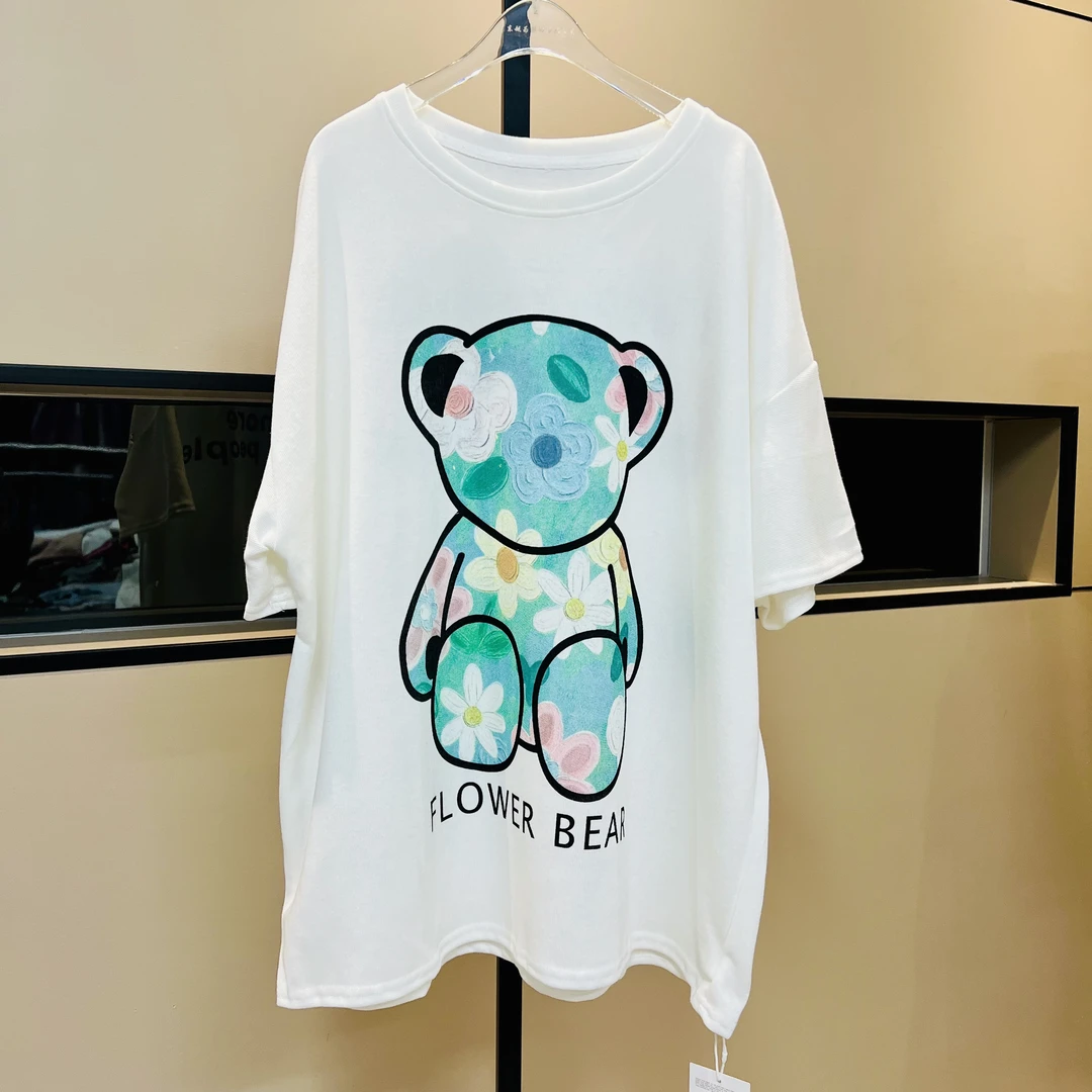 2025新款卡通手绘小熊字母印花百搭短袖女宽松休闲时尚圆领大版