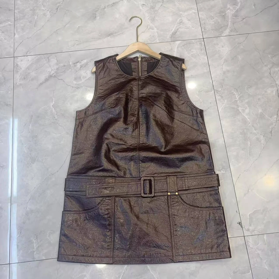 【訢嶼甄选】25170咖色新款时尚百搭拉链款连体皮衣皮裙