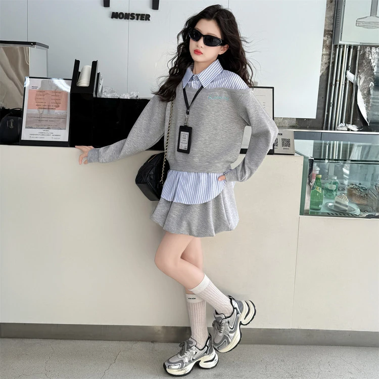 女童春秋装2025新款儿童连衣裙套装女孩条纹相拼卫衣花苞裙两件套