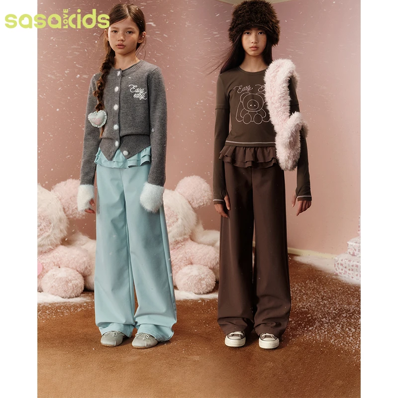 sasakids【花苞裤】秋冬加绒全腰松紧直筒裤保暖假两件休闲裤童装