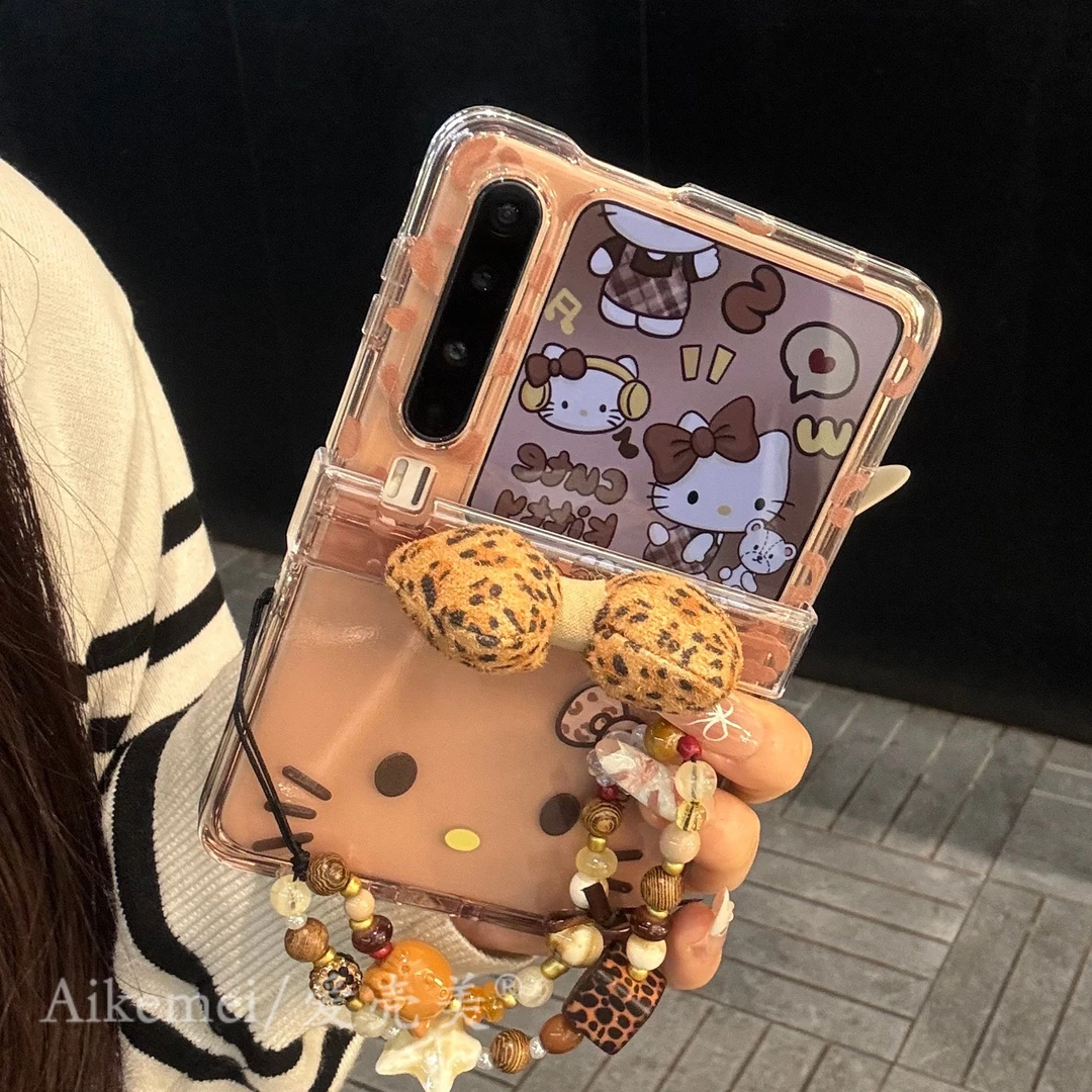 适用华为purax折叠屏手机壳棕色kt猫pocket2表情立体豹纹蝴蝶结女