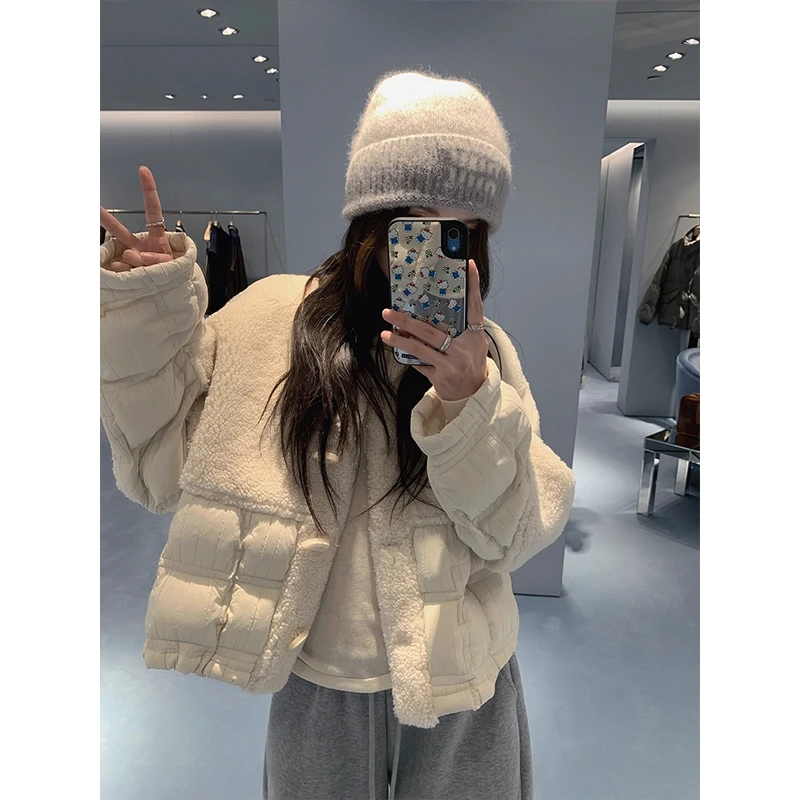 韩系学院风羊羔毛拼接棉服外套女秋冬季新款毛茸茸立领短款棉袄女