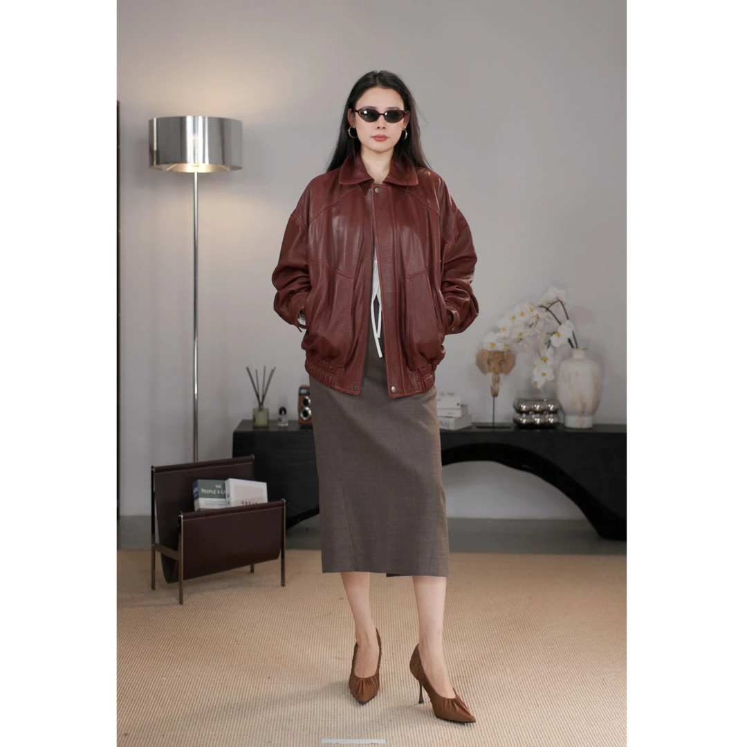 LYNEE【女明星】轻蜡自然纹皮衣秋冬复古女装LGD2FAL033