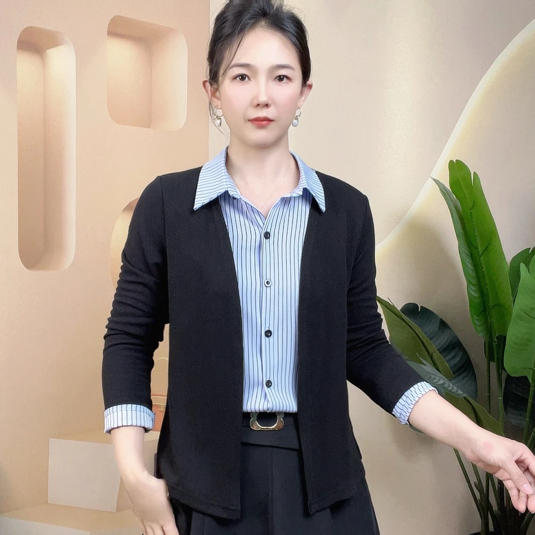 2025秋季新款假两件衬衫女开衫减龄女士长袖衬衣