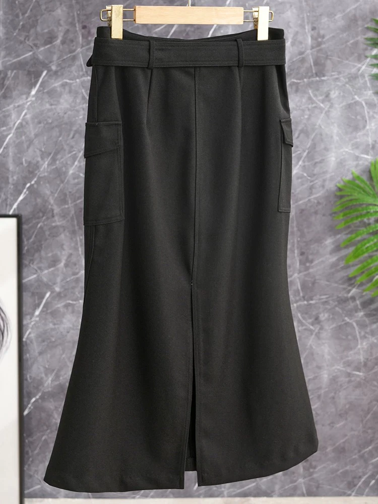 I 轻松藏肉又显瘦！工装风口袋高腰包臀黑色鱼尾开叉中长半身裙