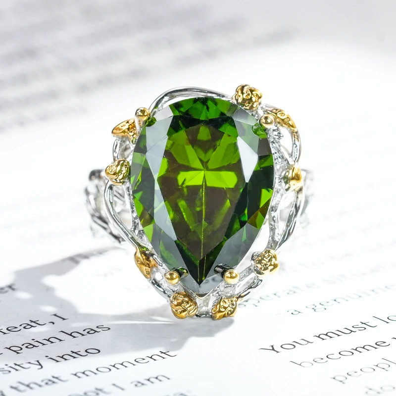 铜合金合成锆石戒指 铜合金合成立方氧化锆橄榄绿戒指轻奢7152-3