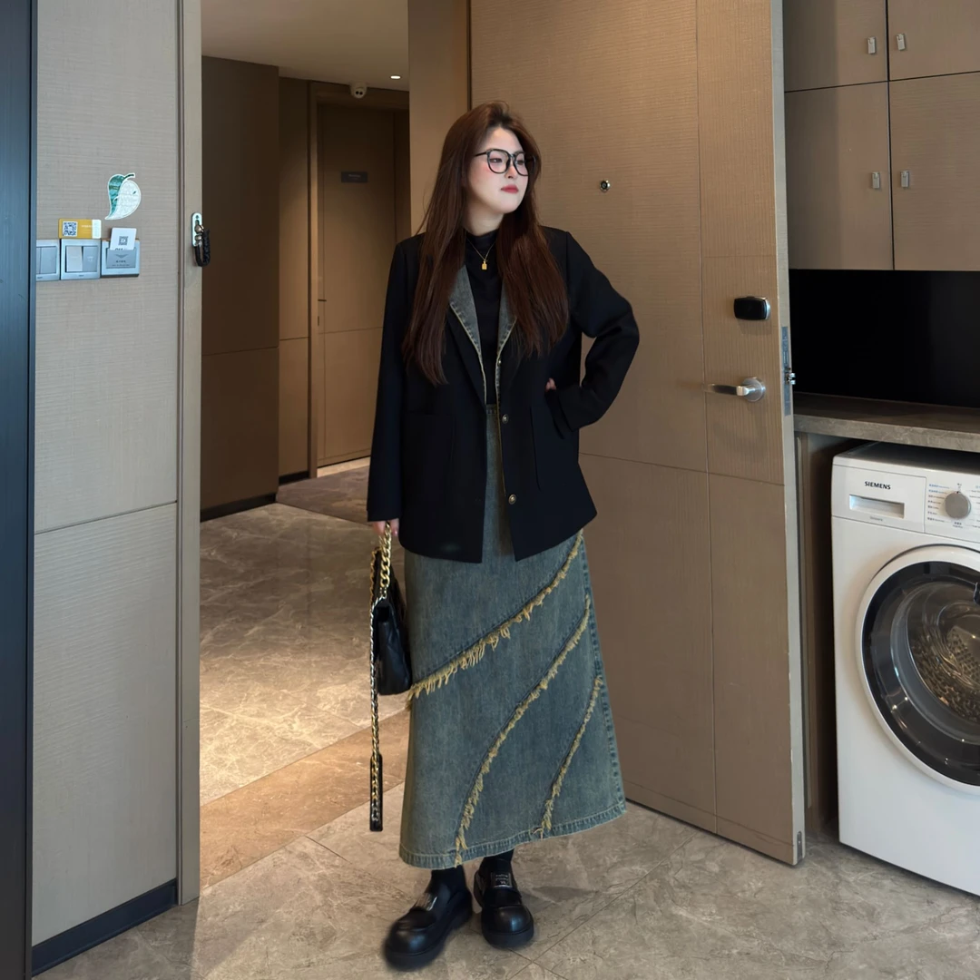 小清&南岛风大码女装拼接牛仔西装春季胖mm显瘦半身裙套装ZYY1417
