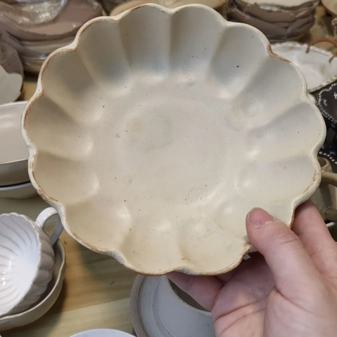 瓷片微瑕粗陶梨花深盘两个一组