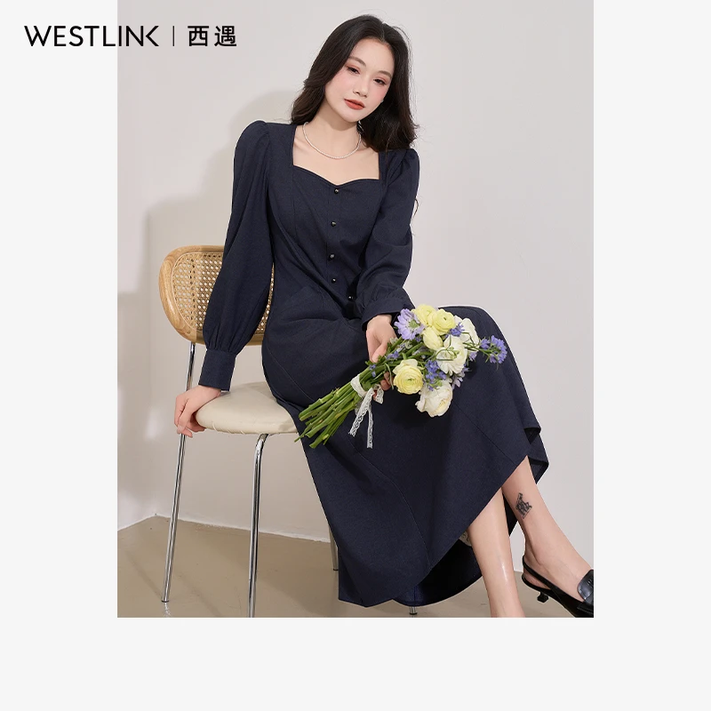 法式气质复古设计感方领仿牛仔裙女2025春季通勤收腰连衣裙