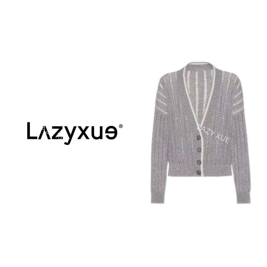 LAZYXUE薛懒懒/“逸影凝纱”休闲深领老钱风亮片镂空针织开衫 WM01