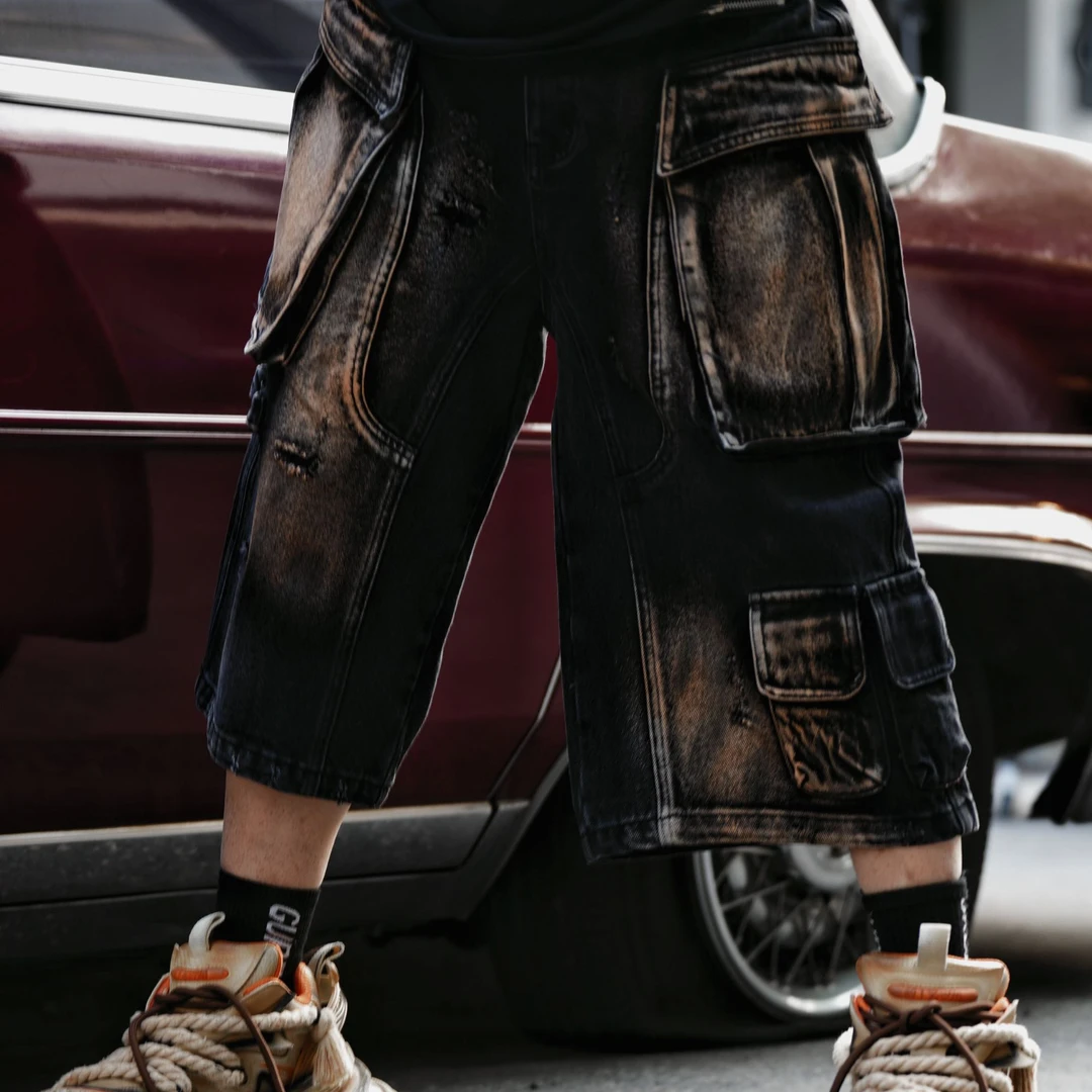 原创【短裤】可拆卸重组设计感重磅涂鸦牛仔拼接裤宽松男女款