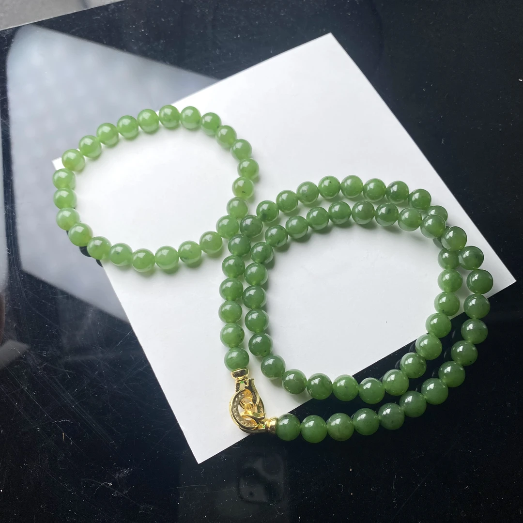 和田玉碧玉项链➕手串套装约8mm女神链（微黑点 ）多样性发一