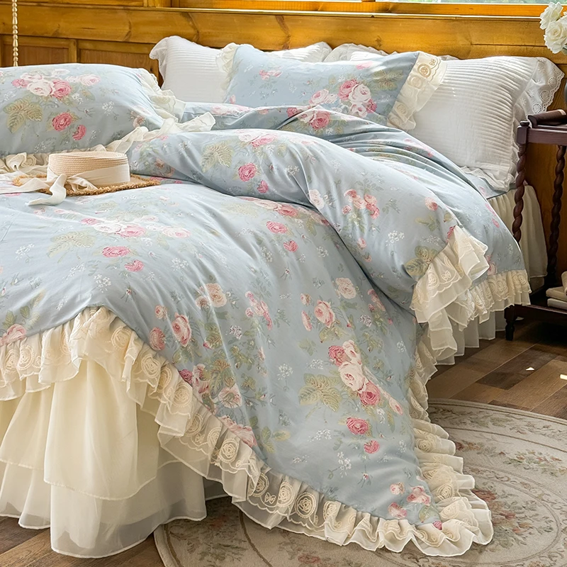 2025新款复古全棉法式蕾丝床裙四件套