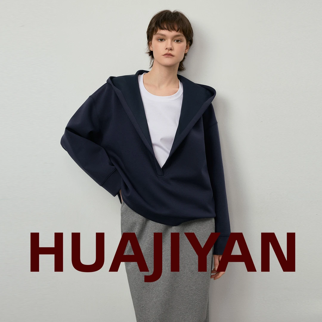 华吉言/HUAJIYANV【蓝岚】长绒棉混纺三明治空气层深V连帽廓形卫衣