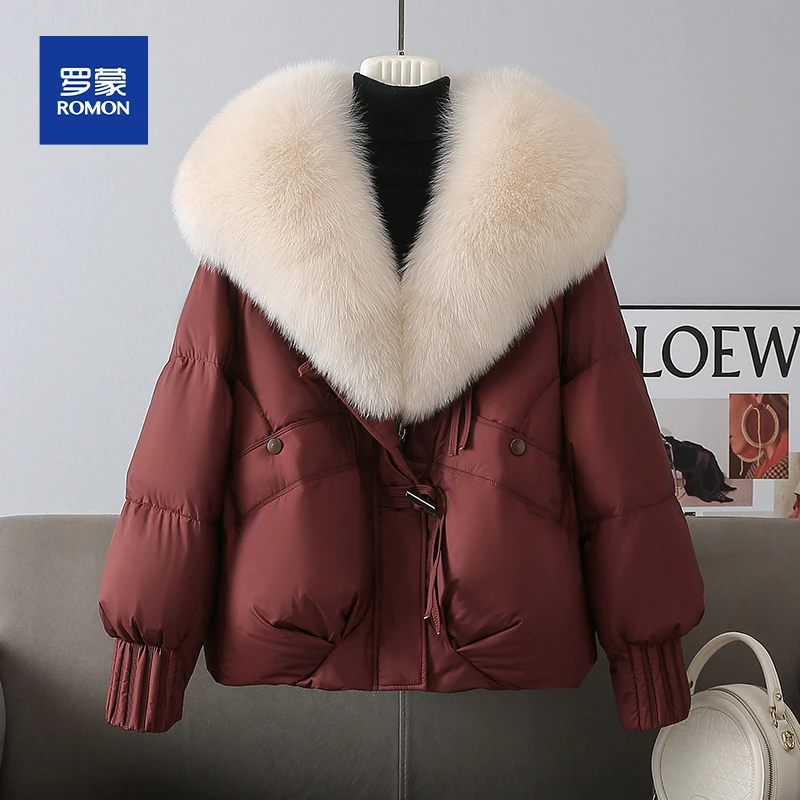 罗蒙高级感休闲棉服女2025冬季新款时尚保暖大毛领设计感气质外套