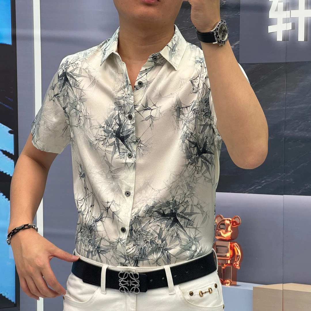 25夏季（轩诚）高含量桑蚕丝男士竹子枝叶印花休闲高品质短袖衬衫