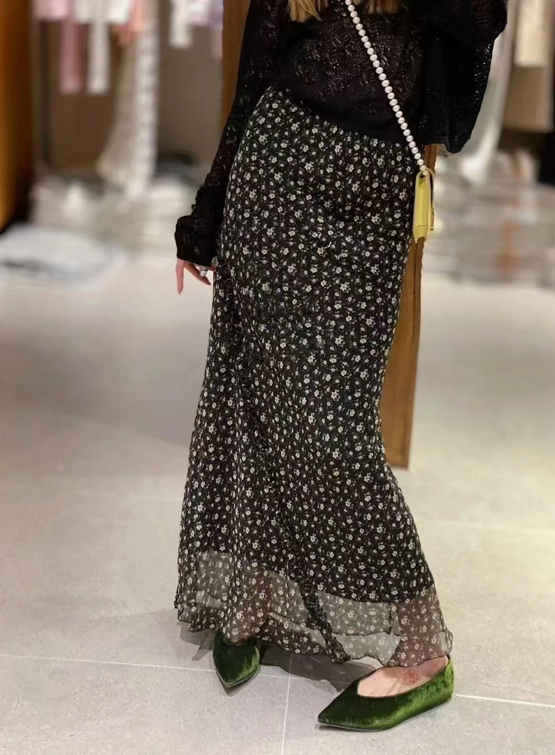 夏季轻薄碎花中长半身裙有内衬半身裙