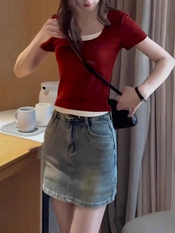 假两件正肩短袖T恤女2025夏季U领设计感拼接修身小个子上衣体恤潮