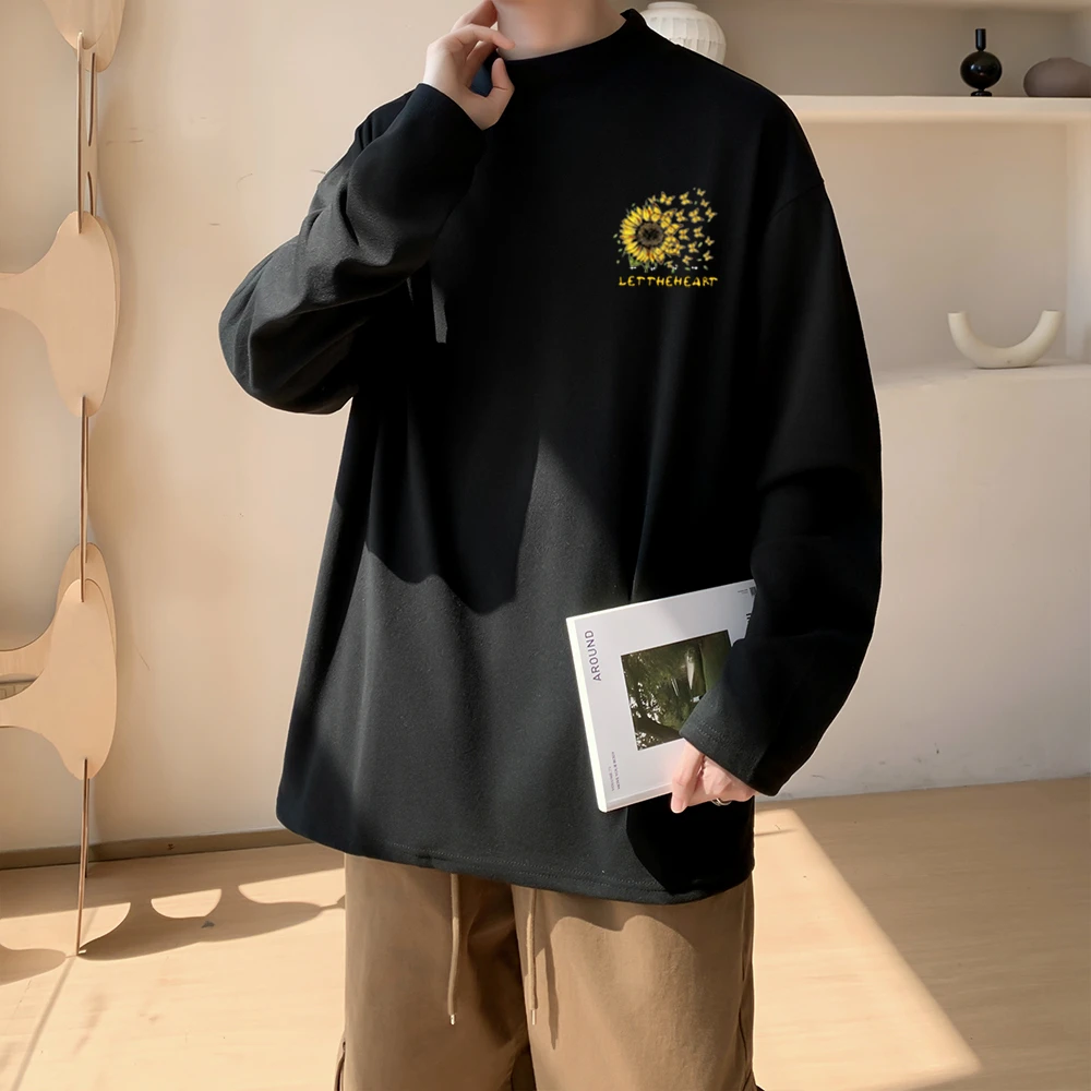 美式重磅半高领德绒打底衫新款秋冬季百搭男生内搭长袖t加绒加厚