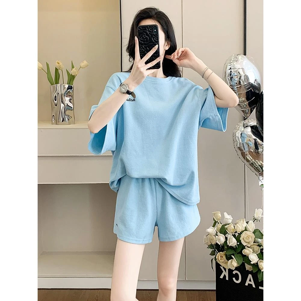 韩系蓝色休闲运动套装女夏季宽松慵懒风减龄短袖高腰短裤两件套装