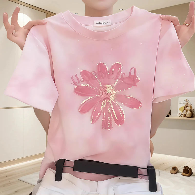 韩系ins亮片花朵纯棉短袖上衣圆领T恤女款休闲甜美可爱风格衣服