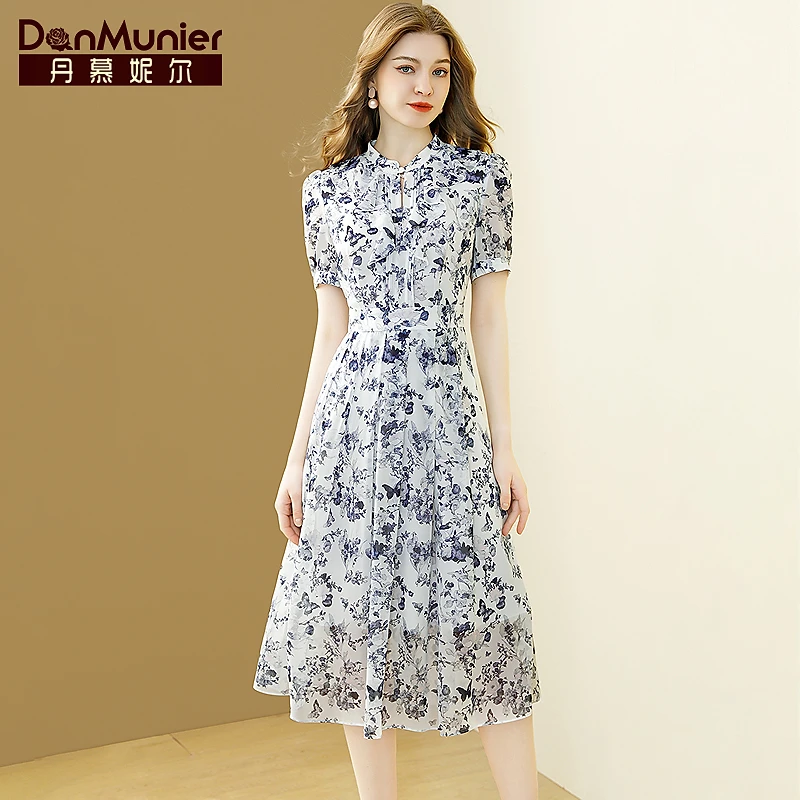 丹慕妮尔新中式国风印花雪纺连衣裙女2025夏季新款气质收腰a字裙