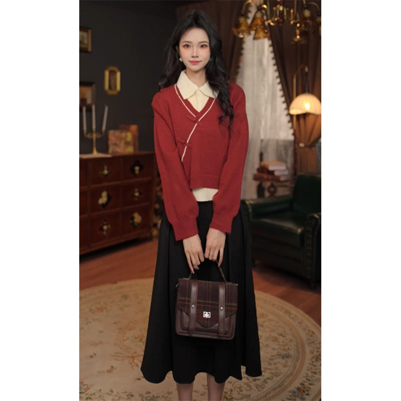 兰兰【圣诞颂歌】港风复古新中式假两件盘扣休闲秋冬毛衣W1124027