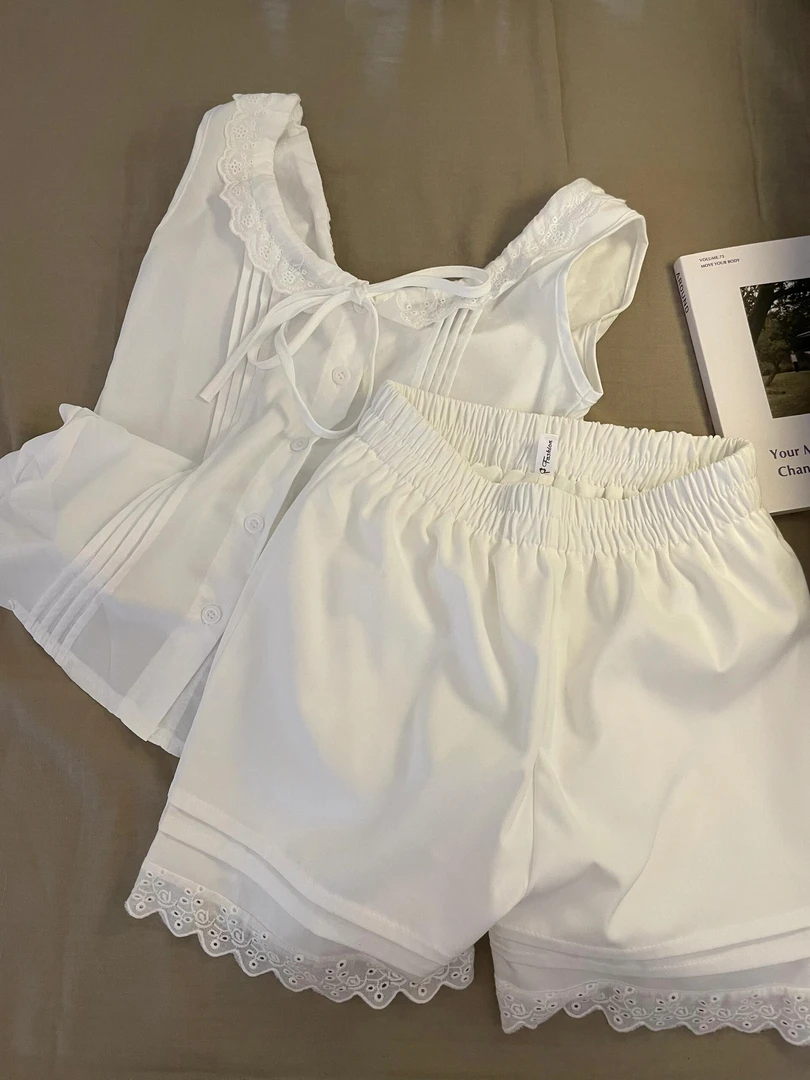 甜美纯色韩版蕾丝花边吊带睡衣女夏季背心短裤家居服套装可外穿