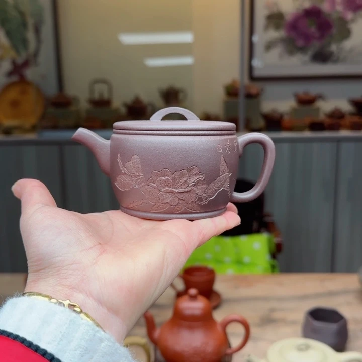 紫砂茶壶老紫泥150 c C小任刻绘