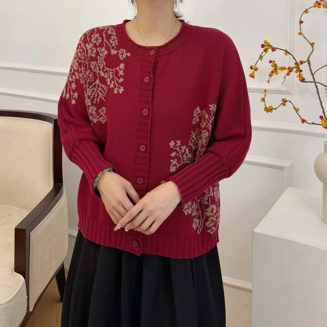 100%棉线圆领针织开衫女士秋冬新款复古洋气减龄长袖外套气质
