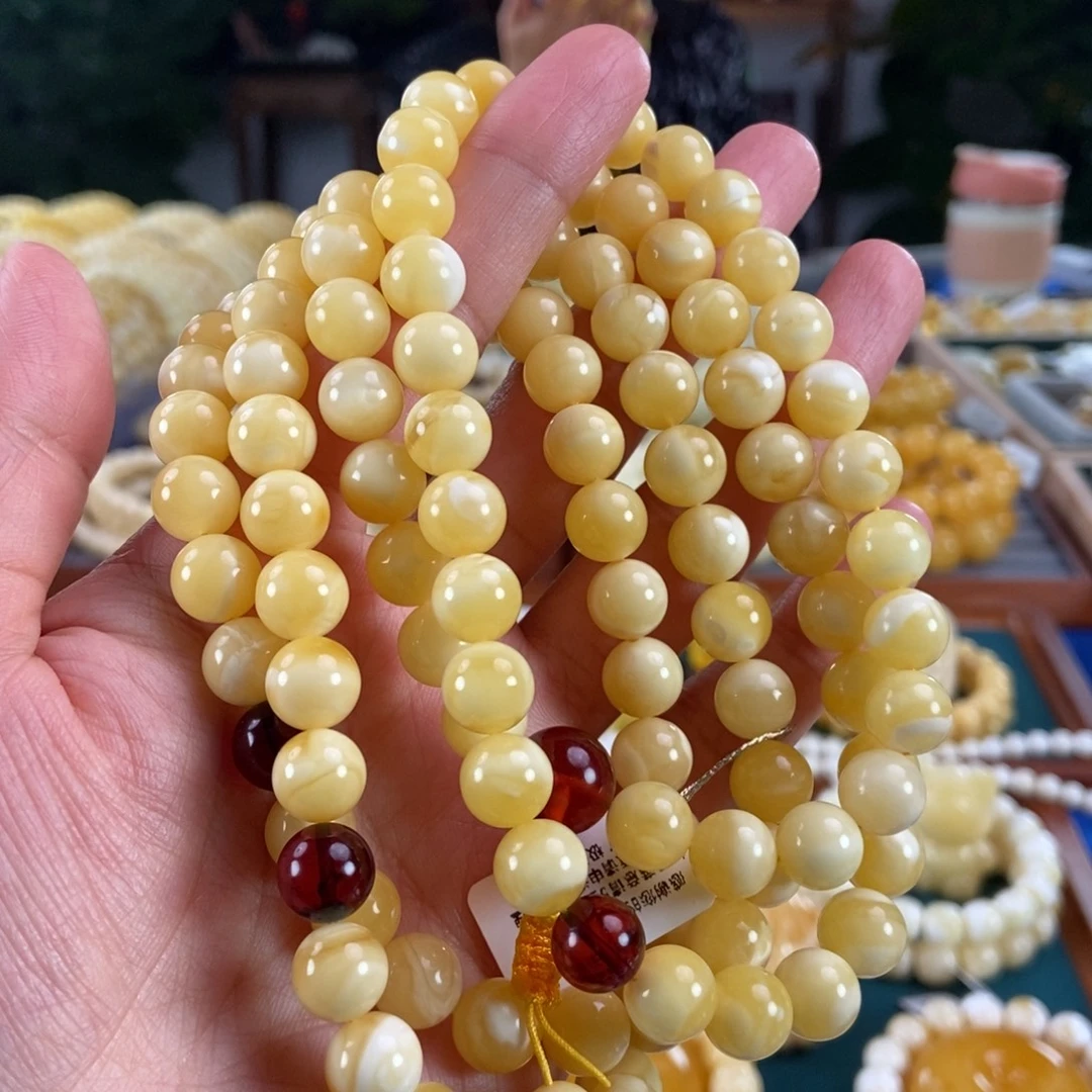 琥珀未镶嵌珠宝奇石9白蜡108圆珠60.07