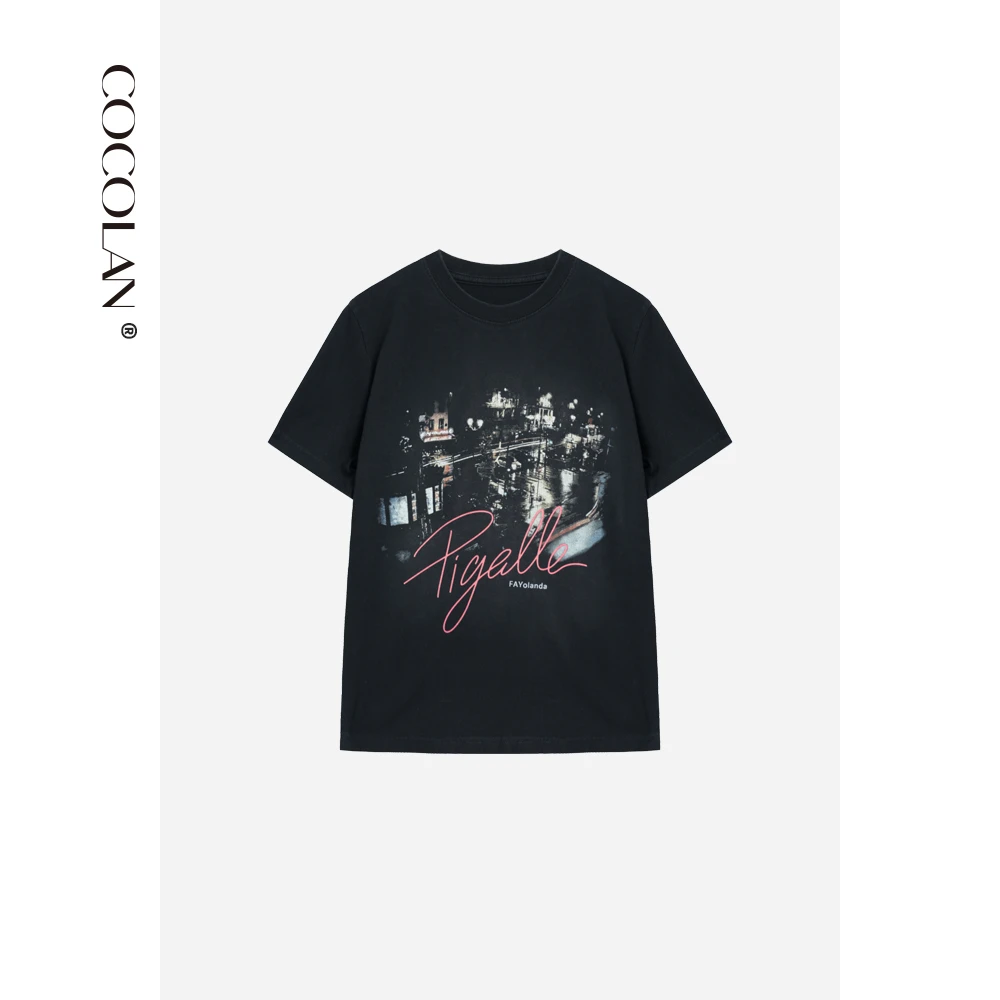 COCOLAN【夜景】100棉夏季短袖女彩印印花T恤CL3TX2566