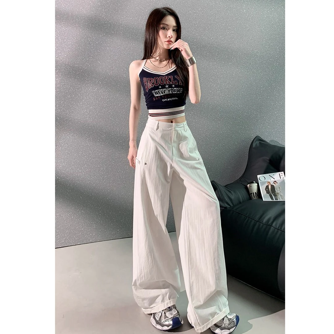 美式复古设计感弯刀裤女2025百搭显瘦多口袋阔腿工装辣妹休闲裤