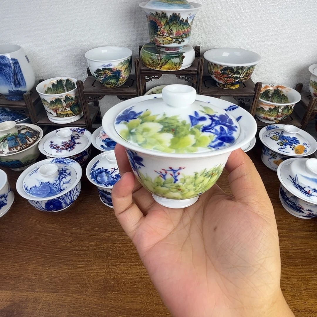 忠意堂釉下彩绿牡丹盖碗