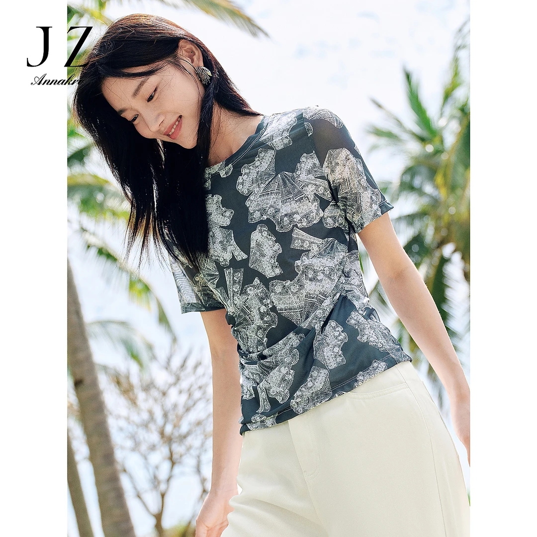 【蕾丝收藏家】玖姿·安娜蔻蕾丝印花抽褶收腰纱罗25夏新KWFX80303