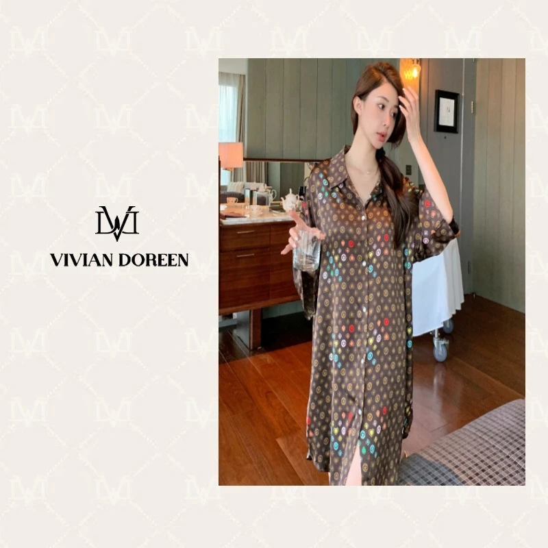 OMi专属（咖啡老花睡裙）-1109睡裙宽松夏薄款网红高级感睡衣可外穿